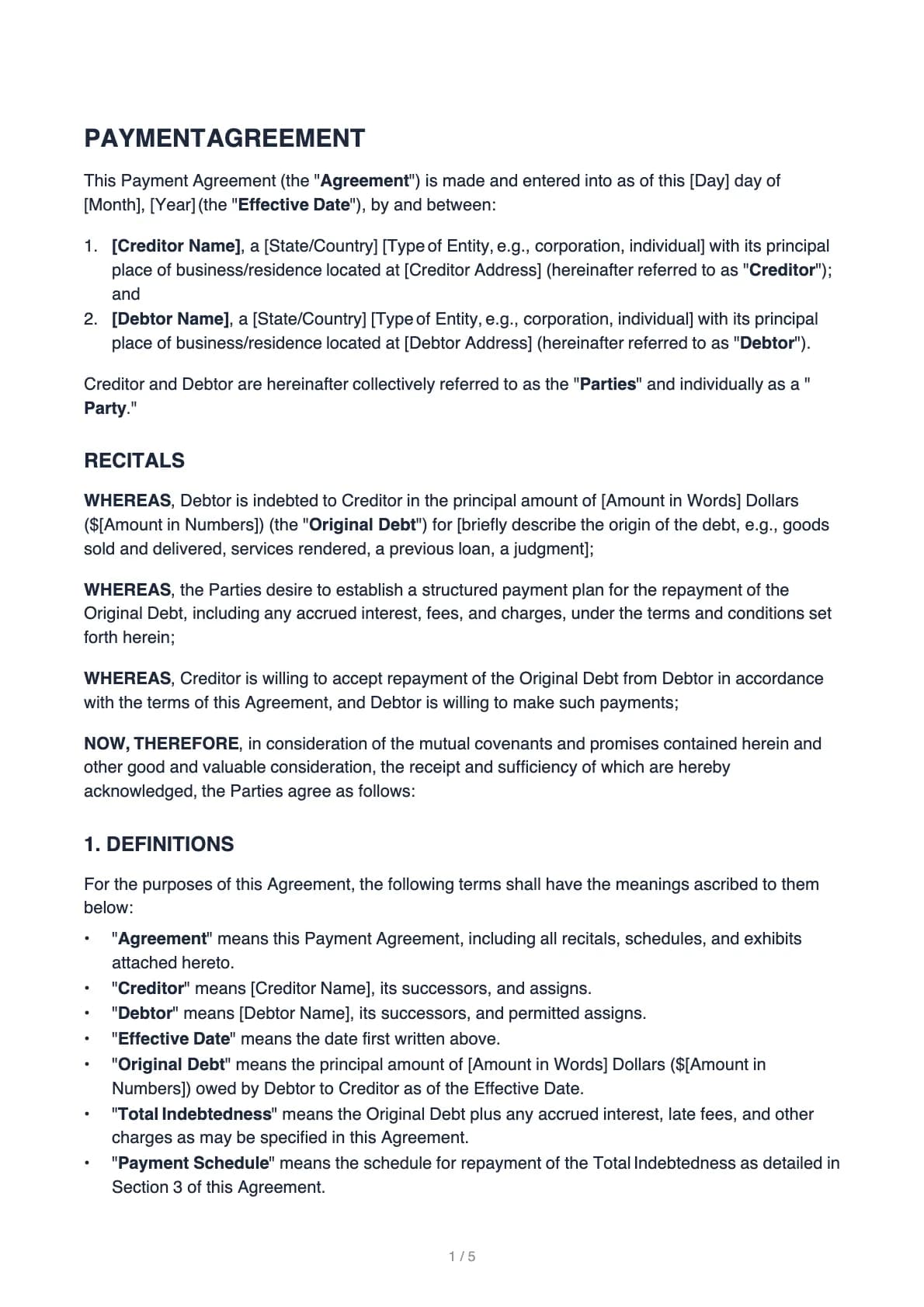 Payment Agreement – page 1