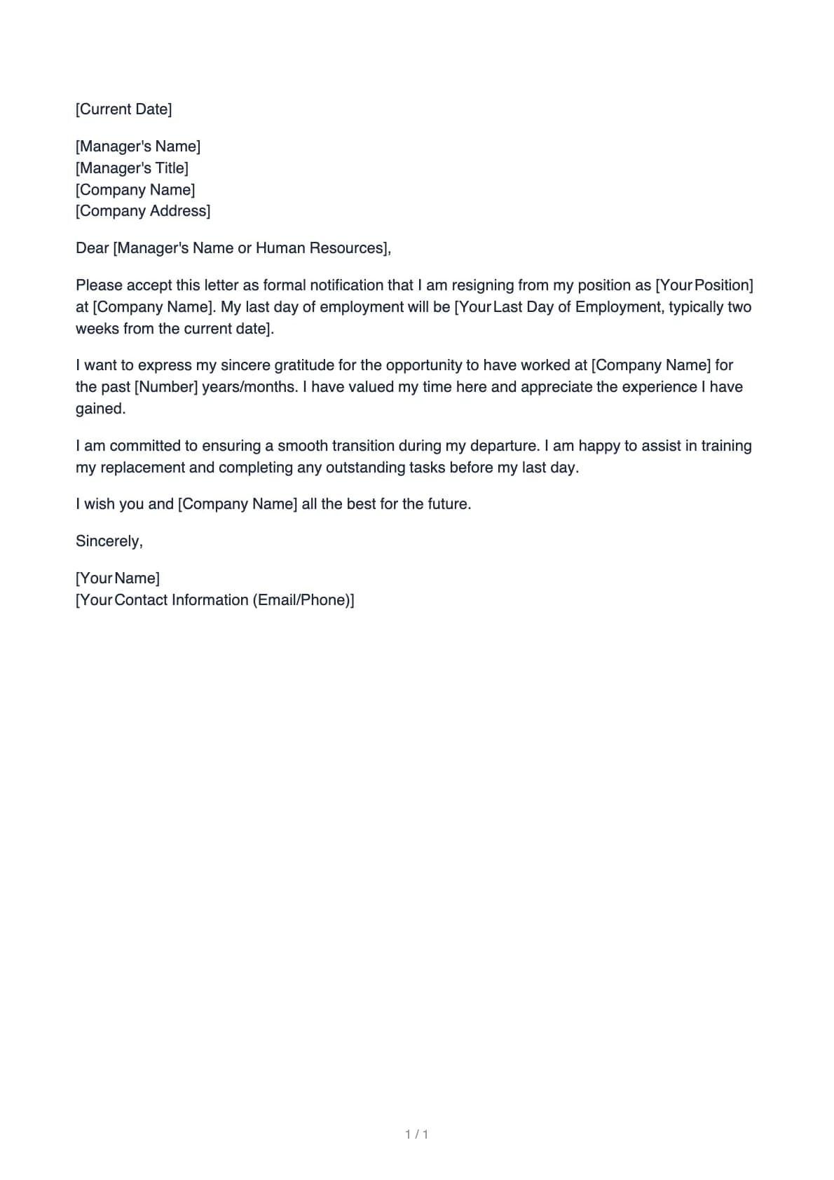 Resignation Letter – page 1